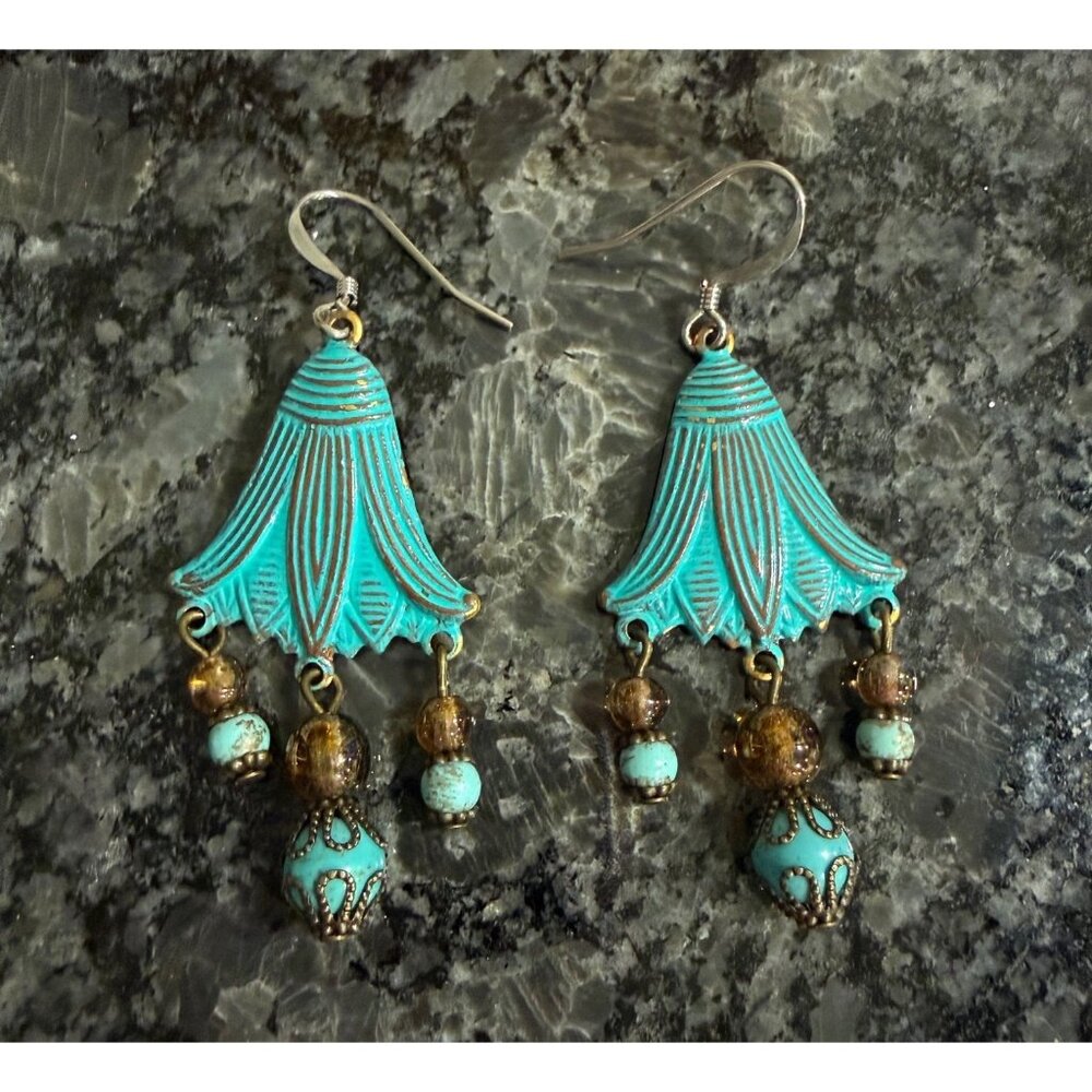 Vintage-Style Turquoise & Bronze Drop Earrings With Floral Dangle & Beaded Accen